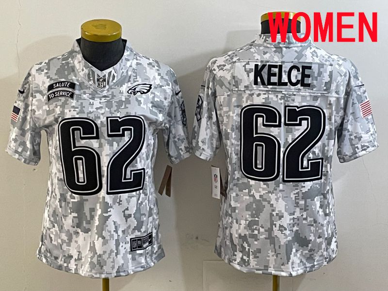 Women Philadelphia Eagles #62 Kelce Nike Arctic Camo 2025 Salute to Service Limited NFL Jersey style 1